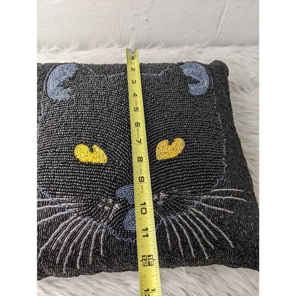 Pier1 Black‎ Cat Yellow eyes Beaded Pillow Gosh Halloween Spooky Decor 12X12